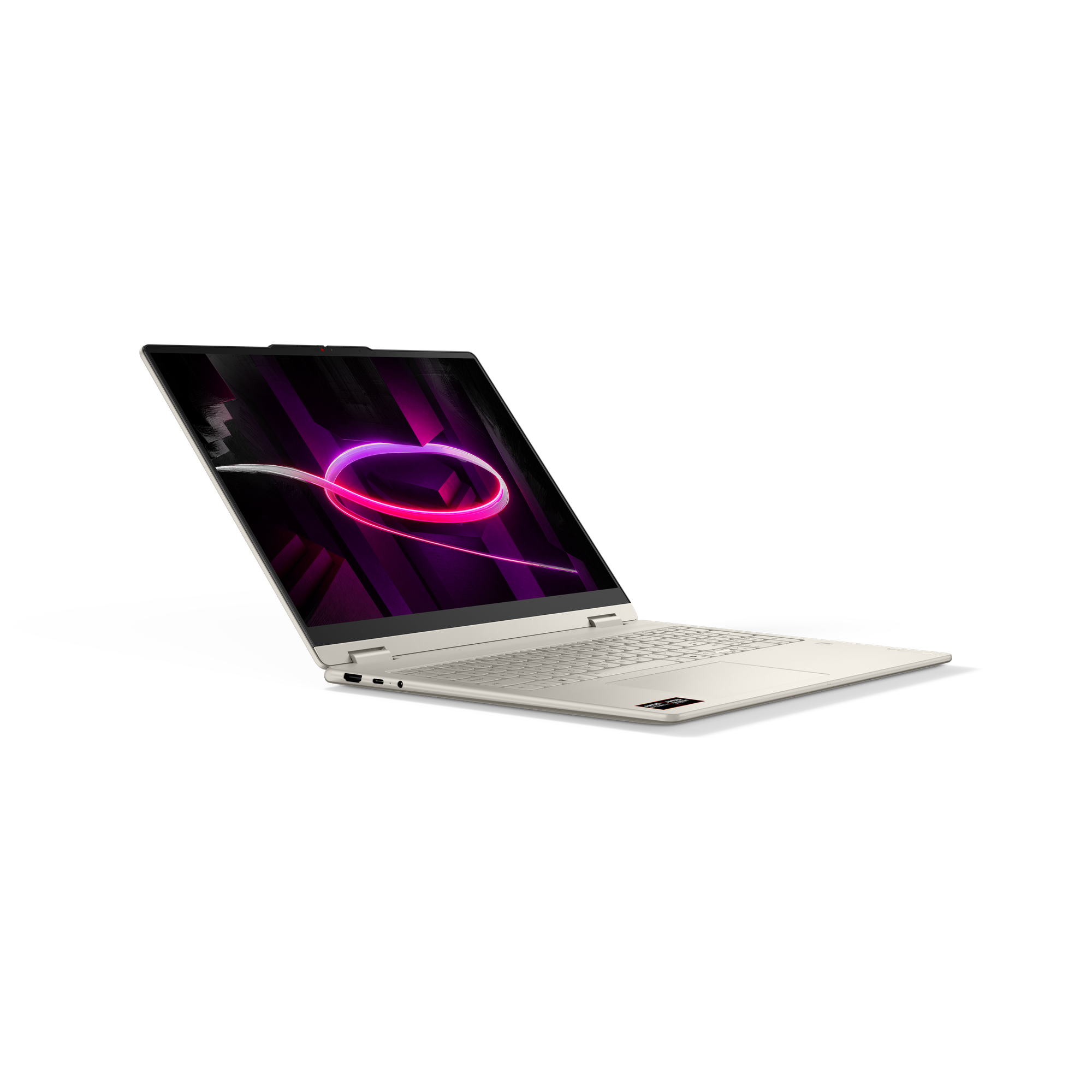 Ein geöffneter, heller Laptop mit einem abstrakten, pink-violetten Hintergrund auf dem Bildschirm.