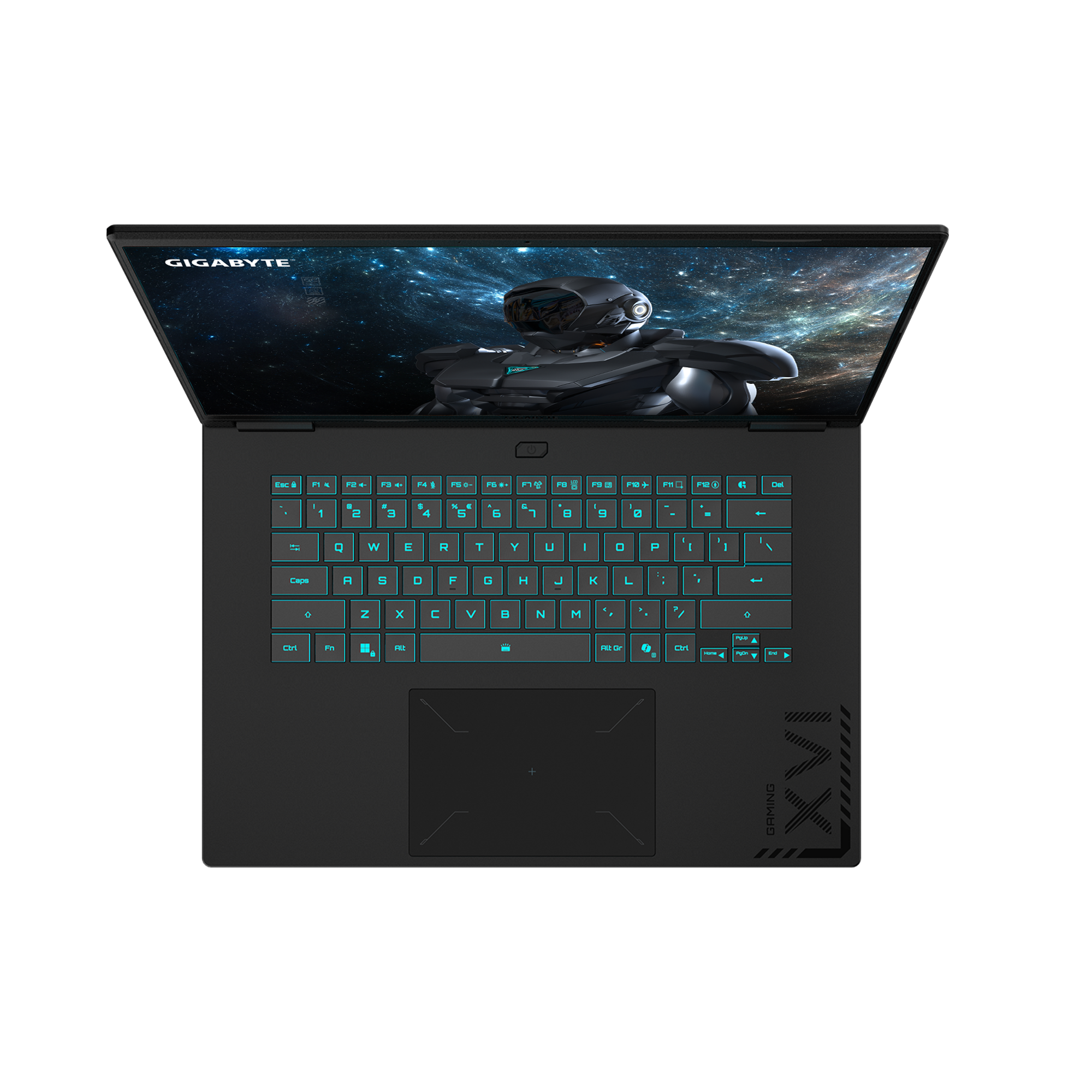 Ein offener Laptop mit beleuchteter Tastatur und Weltraum-Hintergrundbild.