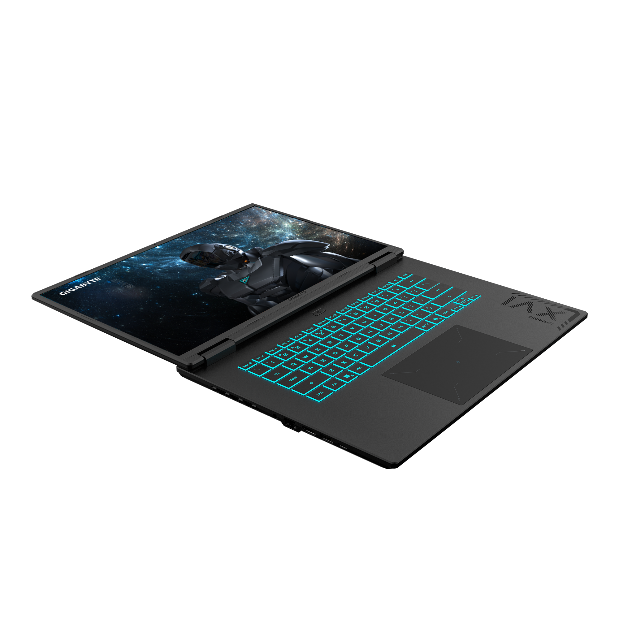 Schwarzer Gigabyte Gaming-Laptop mit leuchtend blauer Tastatur und Weltraum-Hintergrund.