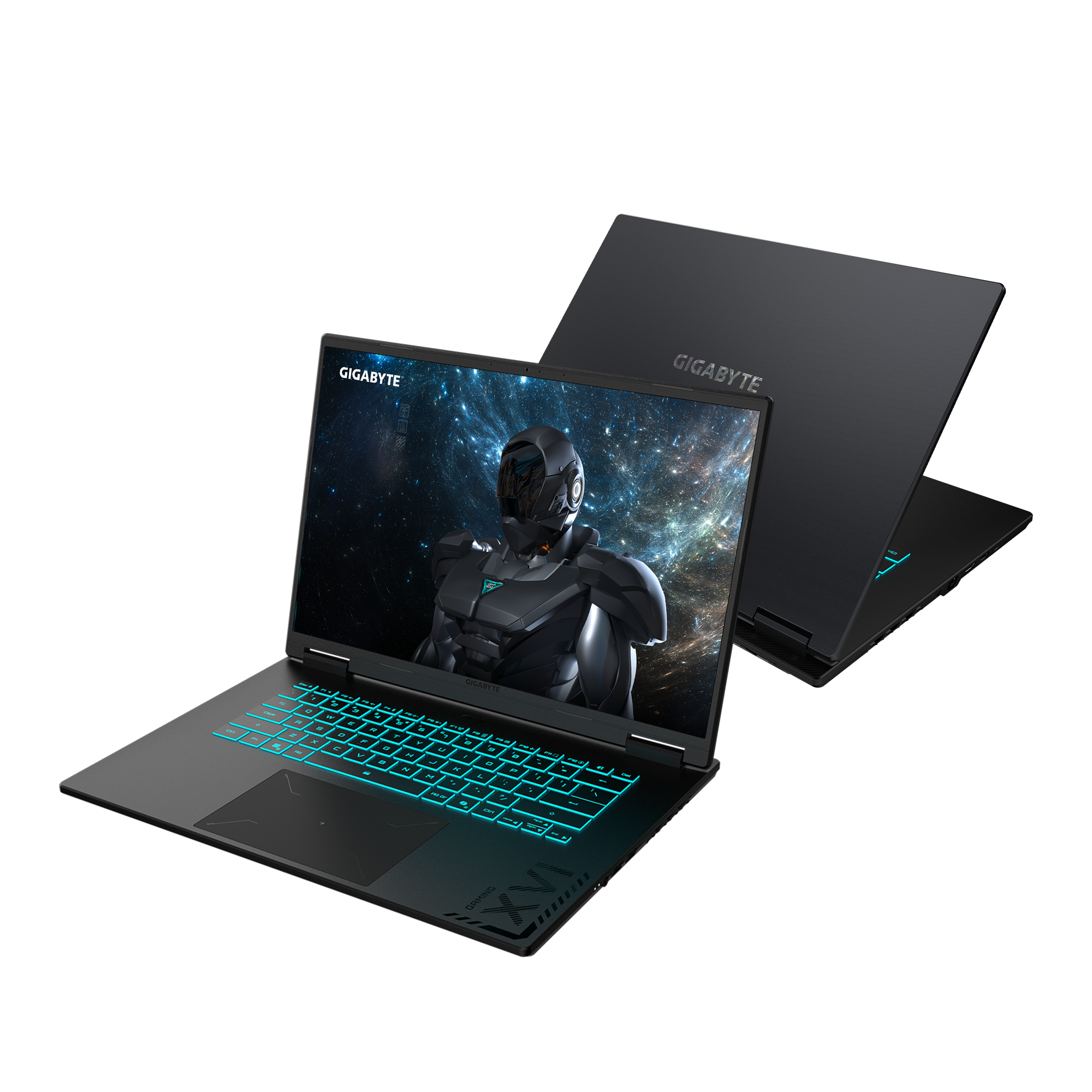 Ein schwarzer Gigabyte Gaming-Laptop mit beleuchteter Tastatur und Sci-Fi-Hintergrund auf dem Bildschirm.