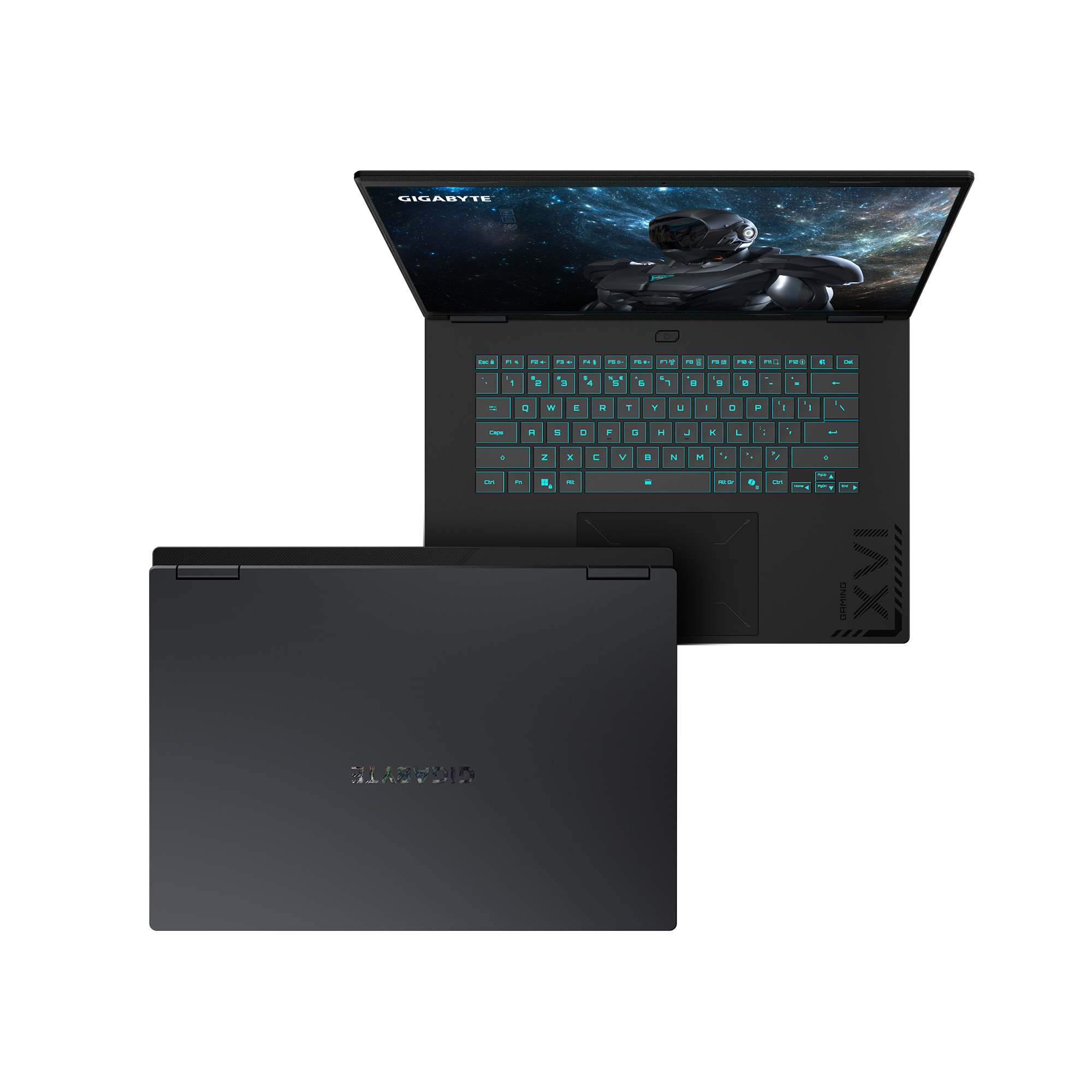Ein offenes schwarzes Gigabyte-Laptop mit beleuchteter Tastatur und Weltraumhintergrund.