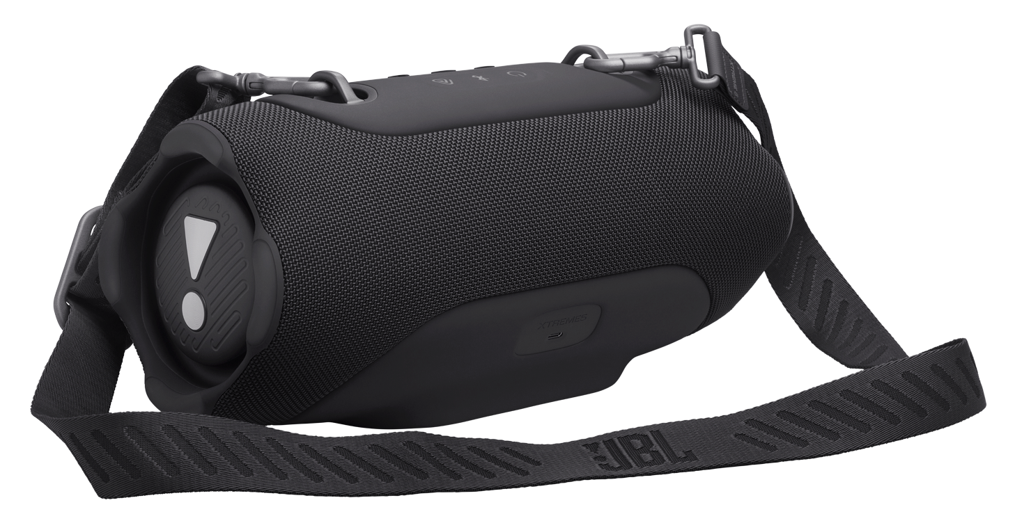 Czarny głośnik JBL Xtreme 3 z paskiem i logo JBL.