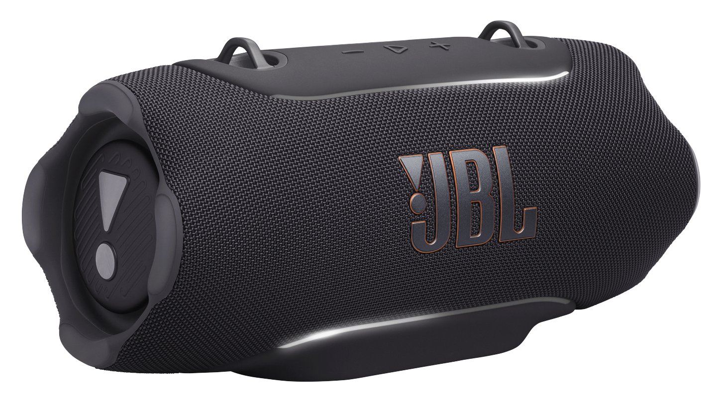Czarny głośnik Bluetooth JBL z pomarańczowym logo, na czarnym tle.
