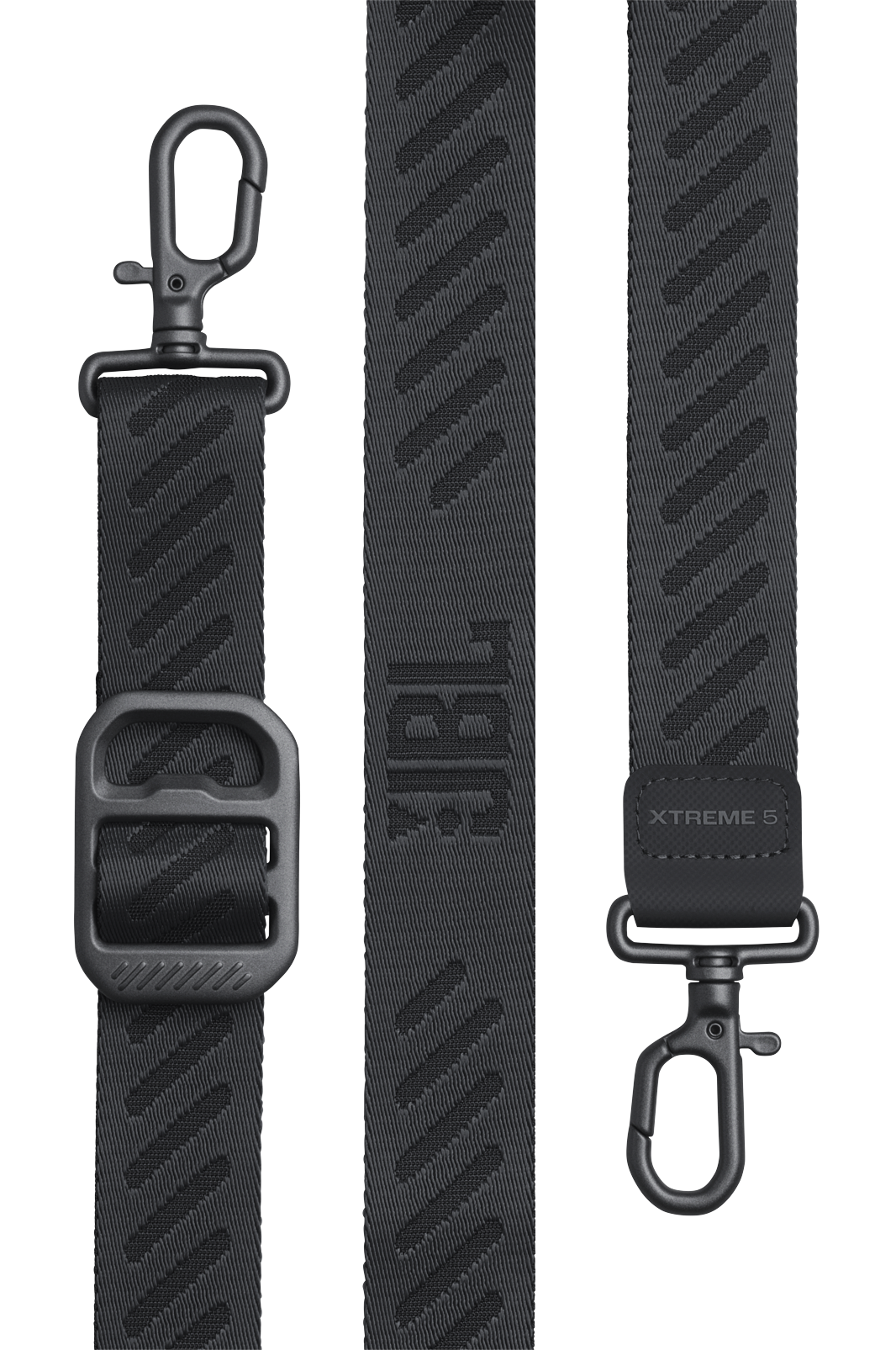 Czarny pasek JBL Xtreme 5 z metalowymi klipsami i wzorem tkaniny.