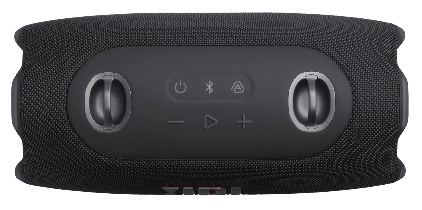 Czarny głośnik z przyciskami: zasilanie, Bluetooth, głośność i odtwarzanie.