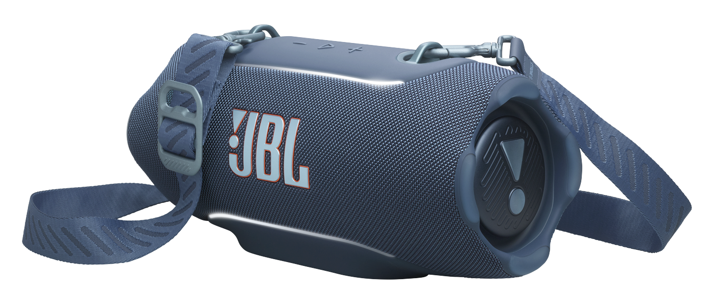 Niebieski głośnik przenośny JBL z paskiem, wyizolowany na czarnym tle.