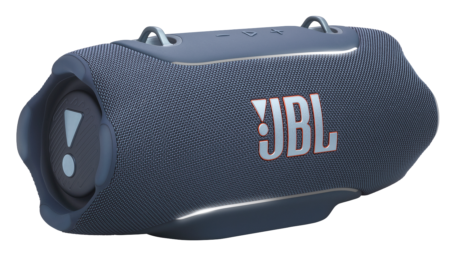 Niebieski głośnik JBL z materiałowym pokryciem i podświetleniem, czarne tło.