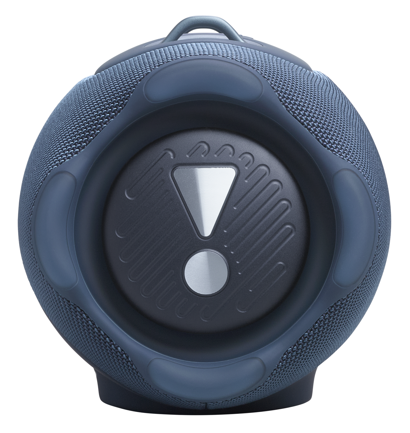 Niebieski głośnik JBL z czarnym panelem sterowania i srebrnymi akcentami.