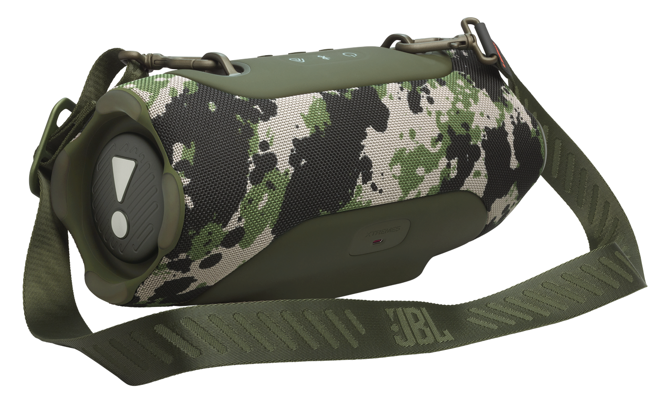 Zielony głośnik w kamuflażu z paskiem i logo JBL.