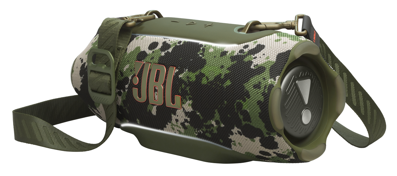Zielony głośnik JBL w kamuflażu z paskiem.