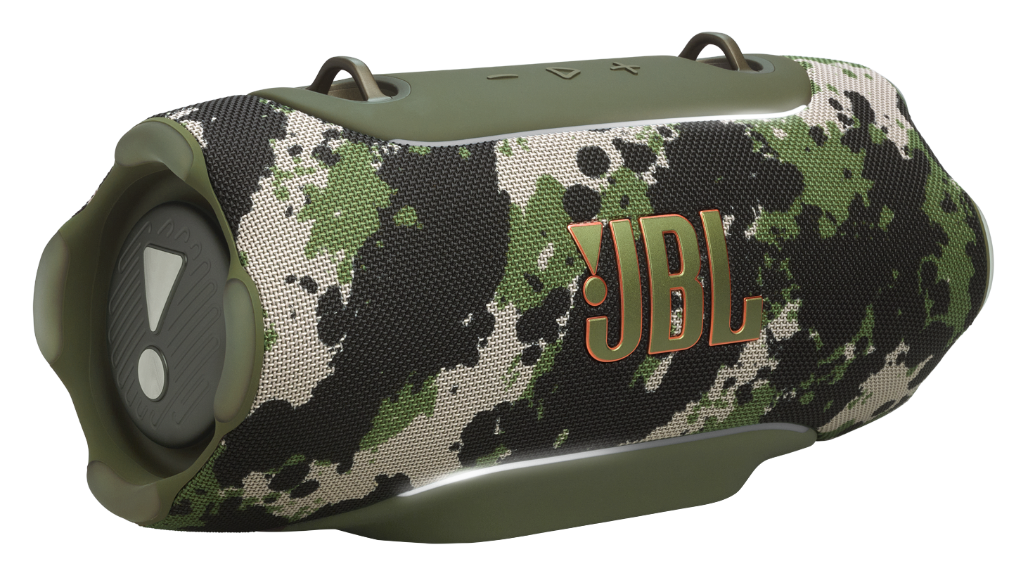Głośnik JBL we wzór kamuflażu w kolorach zielonym, czarnym i beżowym.