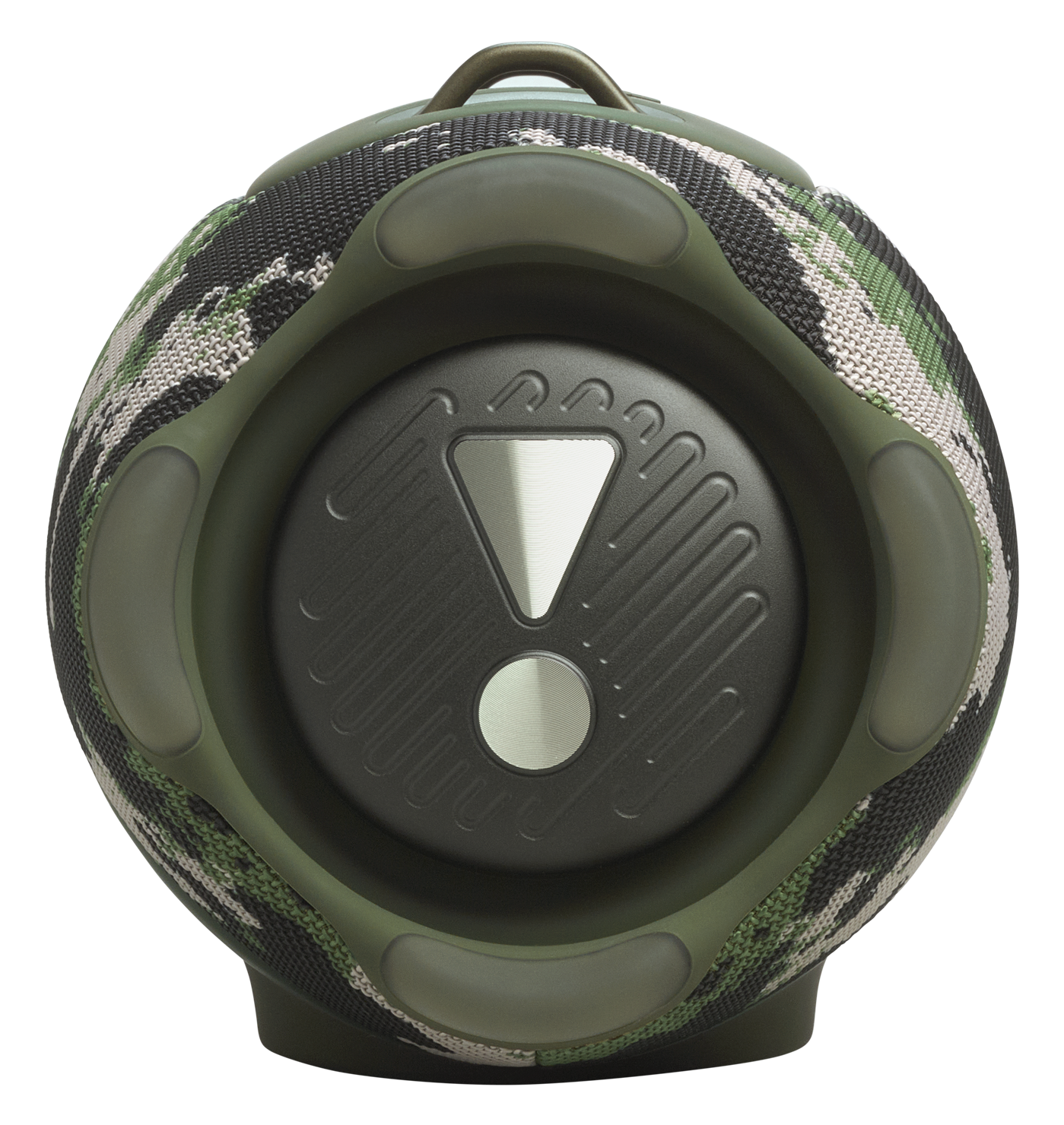 Okrągły głośnik w kamuflażu, czarny środek i srebrne logo.