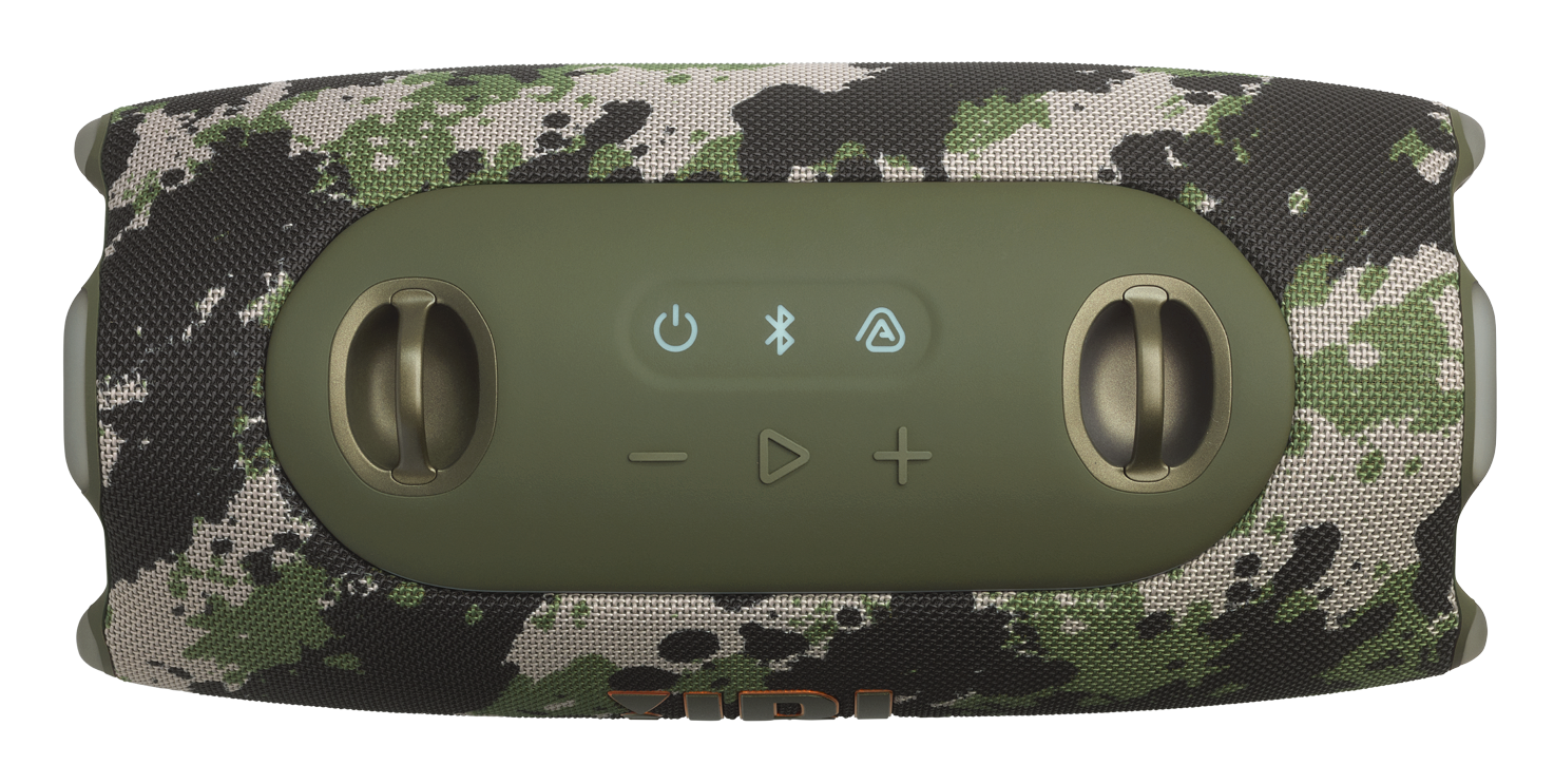 Zielony głośnik w kamuflażu z elementami sterującymi i uchwytami.