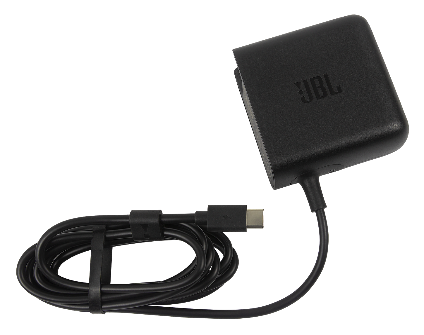 Czarna ładowarka JBL z kablem USB-C i symbolem błyskawicy.