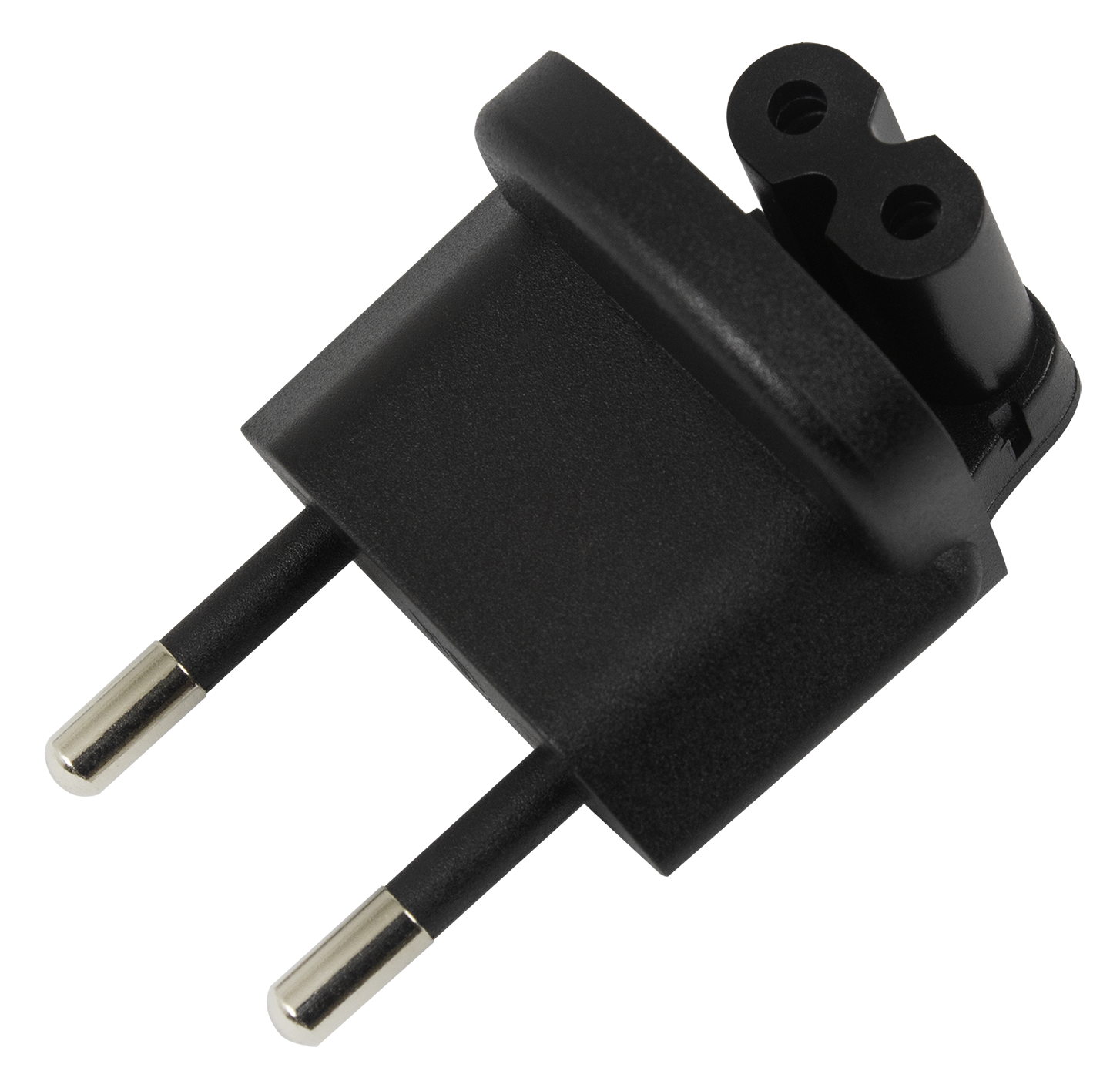 Czarny adapter podróżny z dwoma bolcami i złączem C7.