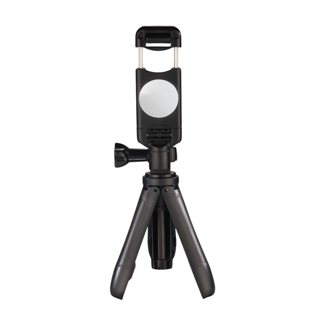 Yuvarlak ışıklı, telefon tutuculu siyah mini tripod.