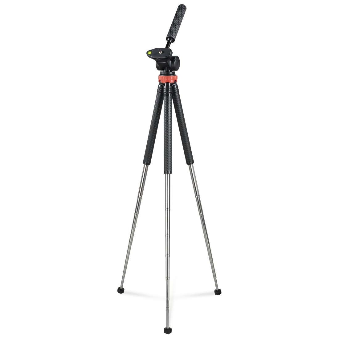 Gümüş ayaklı ve kamera yuvalı siyah karbon tripod.