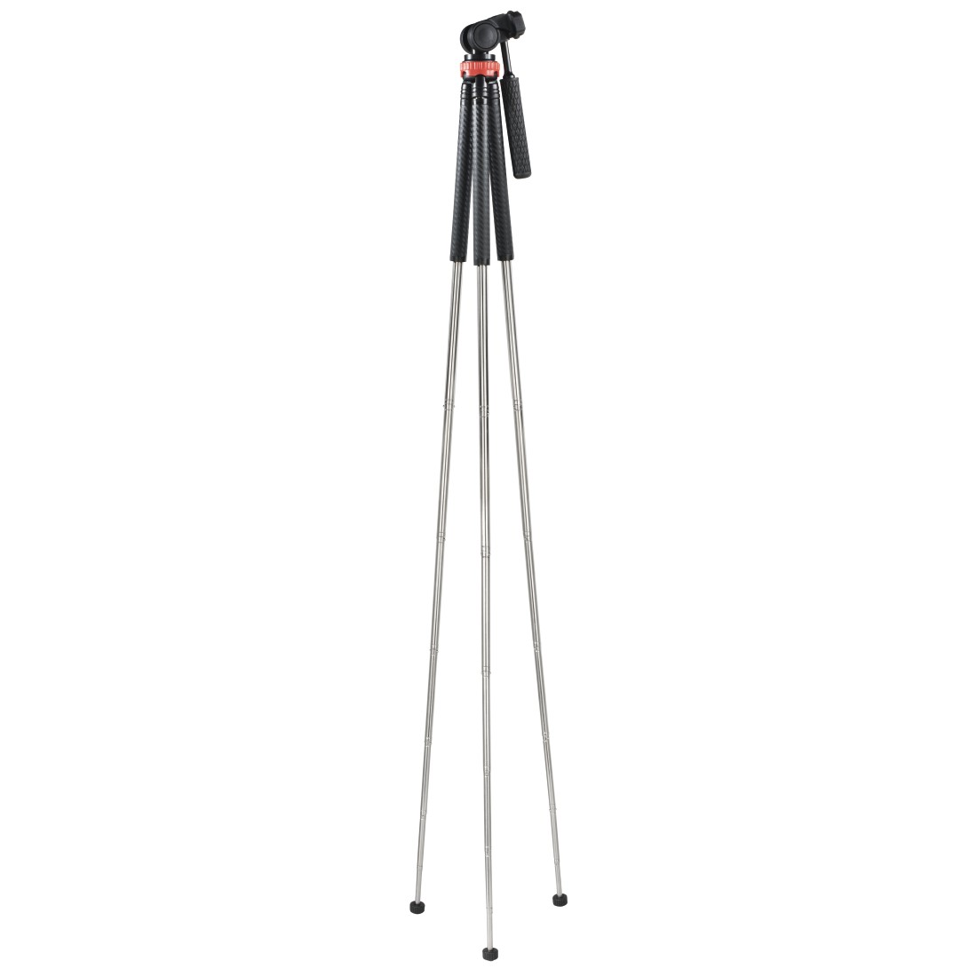 Siyah kabzalı ve kırmızı detaylı gümüş renkli bir tripod.