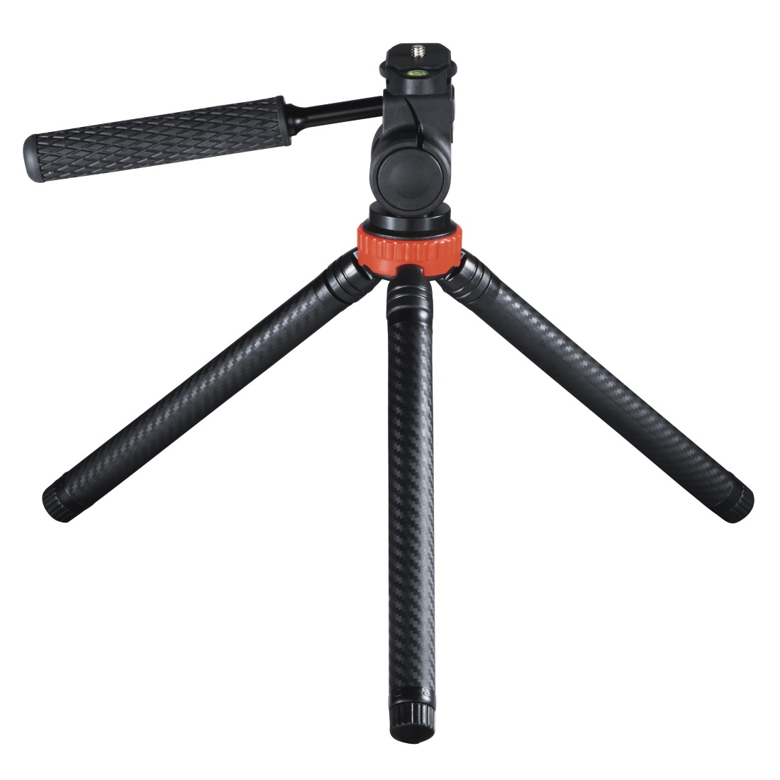 Kırmızı kilitleme halkalı küçük siyah karbon tripod.