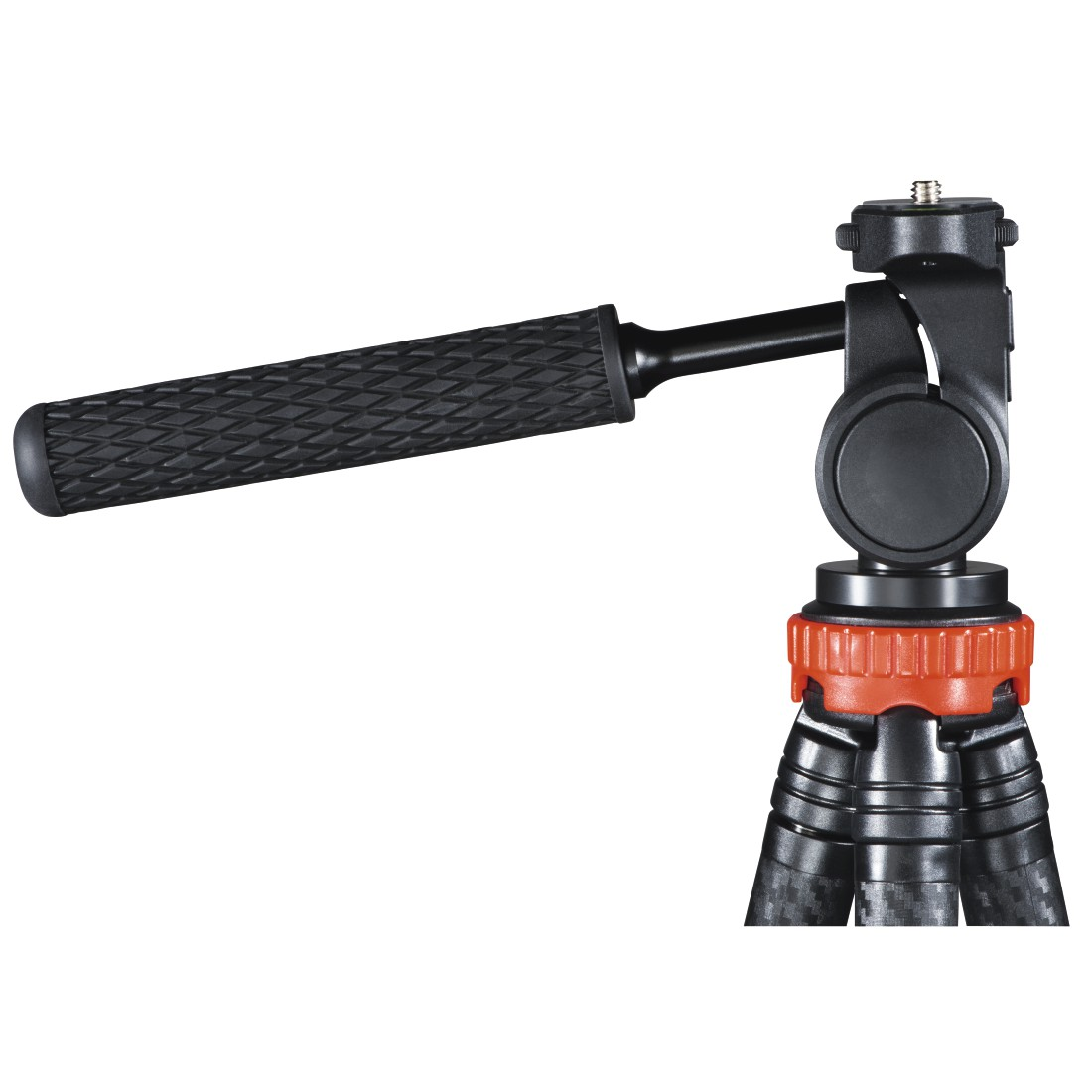 Turuncu halkalı bir tripod kafasına bağlı siyah, baklava desenli sap.