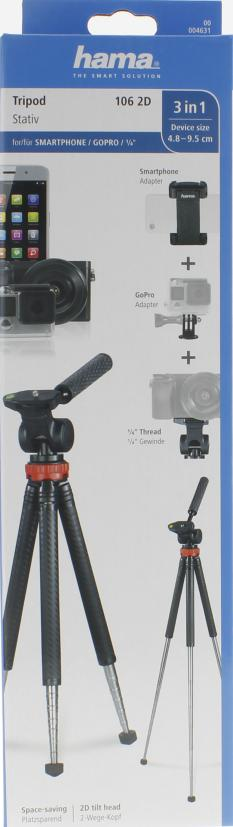 Hama 3'ü 1 arada 106 2D tripod, akıllı telefon ve GoPro adaptörlü.