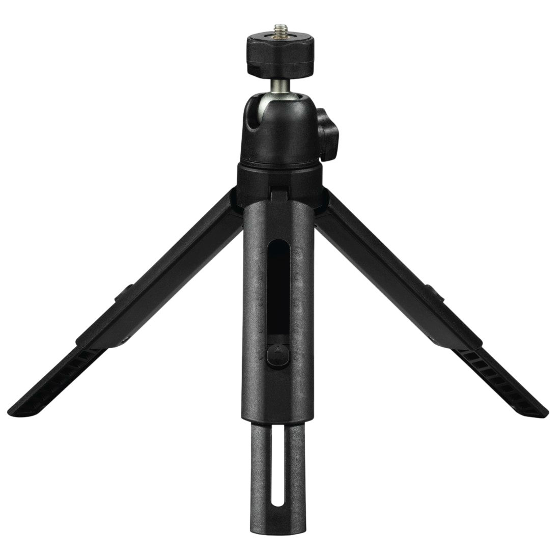 Katlanabilir bacaklı ve bilyalı mafsallı küçük siyah bir tripod.