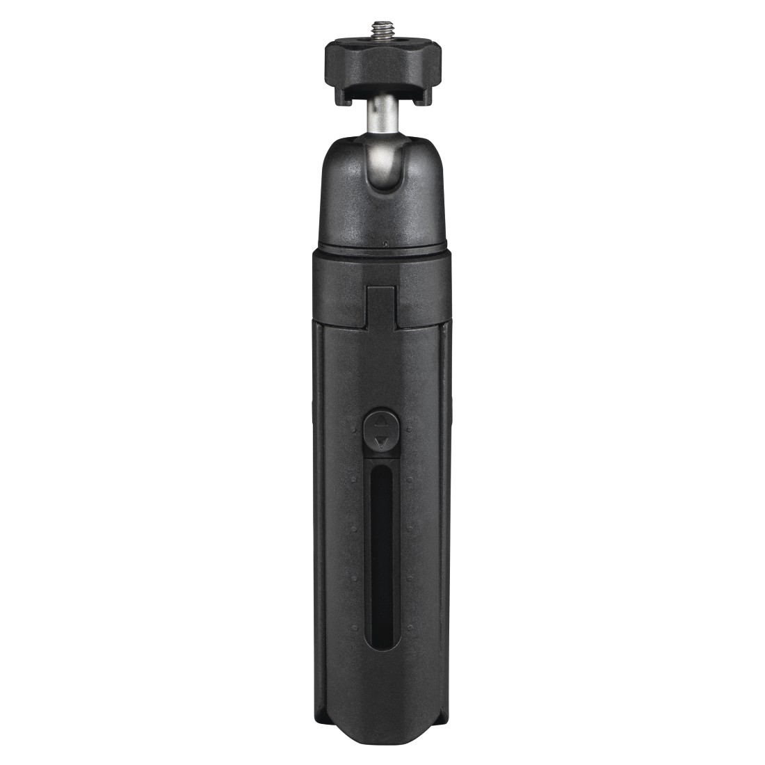 Üstte vidaya sahip siyah, katlanmış mini tripod tutacağı.