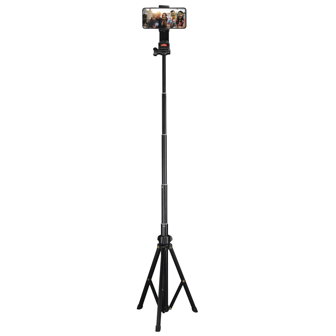 Fotoğraf gösteren bir akıllı telefon ve tripod ile uzatılabilir selfie çubuğu.