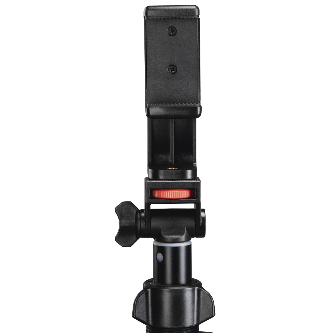 Siyah ayarlanabilir telefon tutucu, tripod için, kırmızı ayar düğmeli.