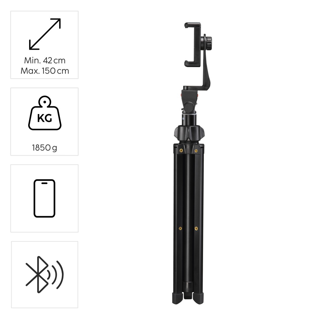Yükseklik ve ağırlık belirtilen, telefon tutuculu siyah bir tripod.