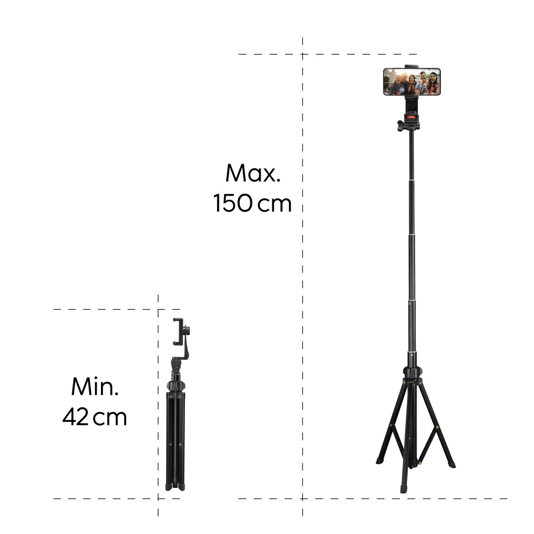 Akıllı telefonlu uzatılmış selfie çubuğu (maks. 150 cm) ve katlanmış biri (min. 42 cm).
