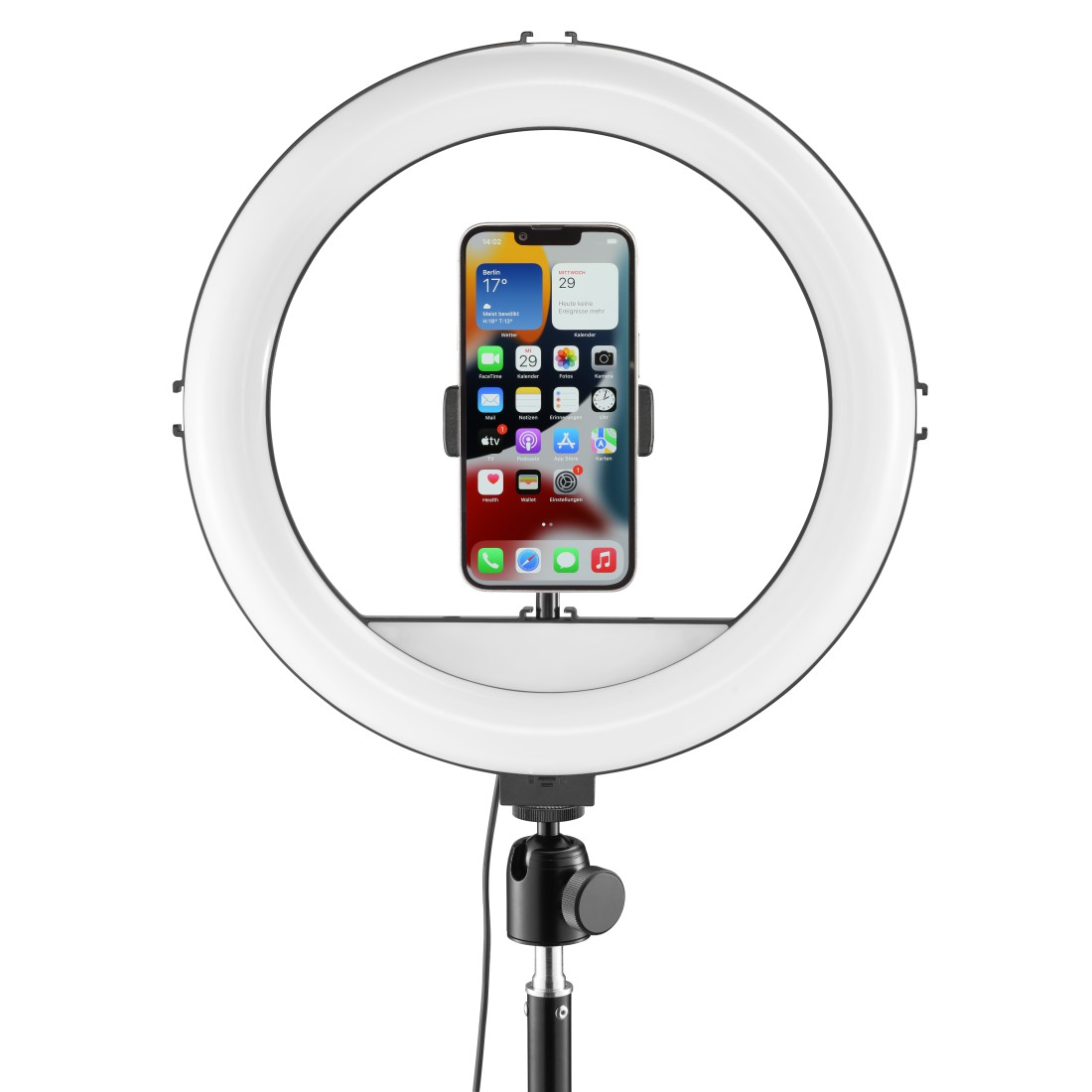 Bir standa monte edilmiş, ortasında iPhone bulunan halka ışık.