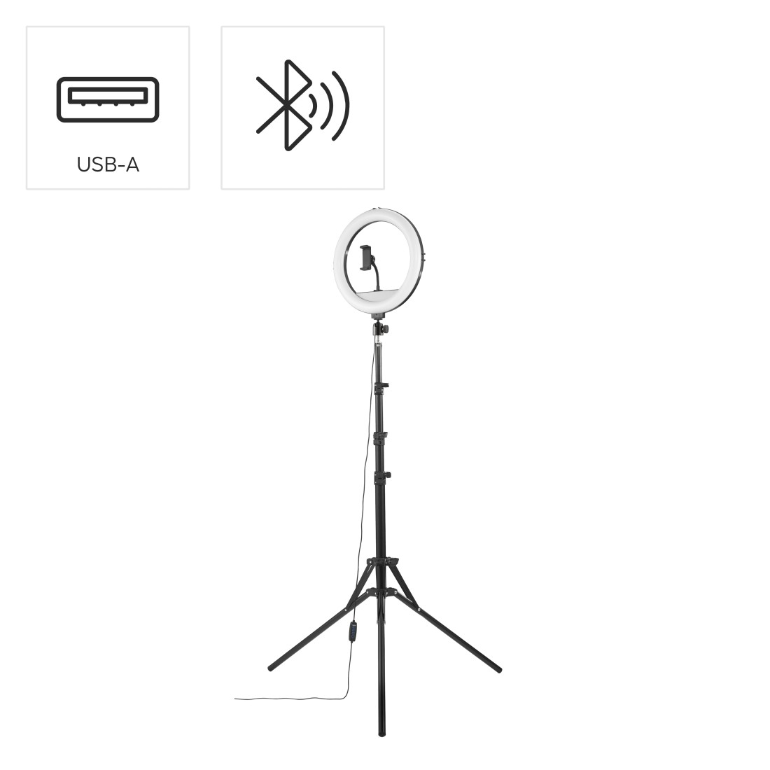 Telefon tutuculu halka ışık, USB-A ve Bluetooth simgeleri.