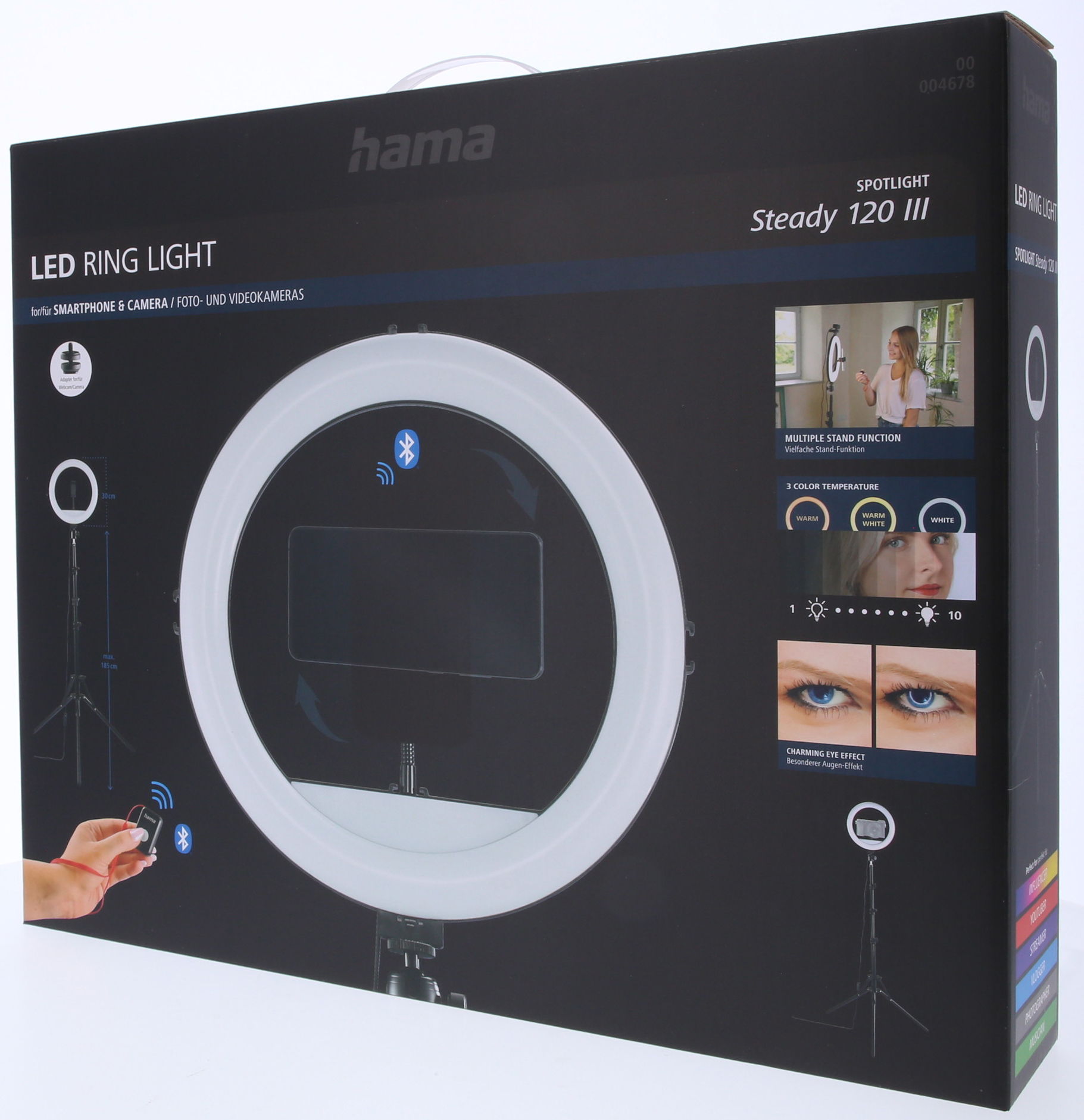 Hama LED Ring Light kutusu: halka ışık, stant, uzaktan kumanda, renk seçenekleri.
