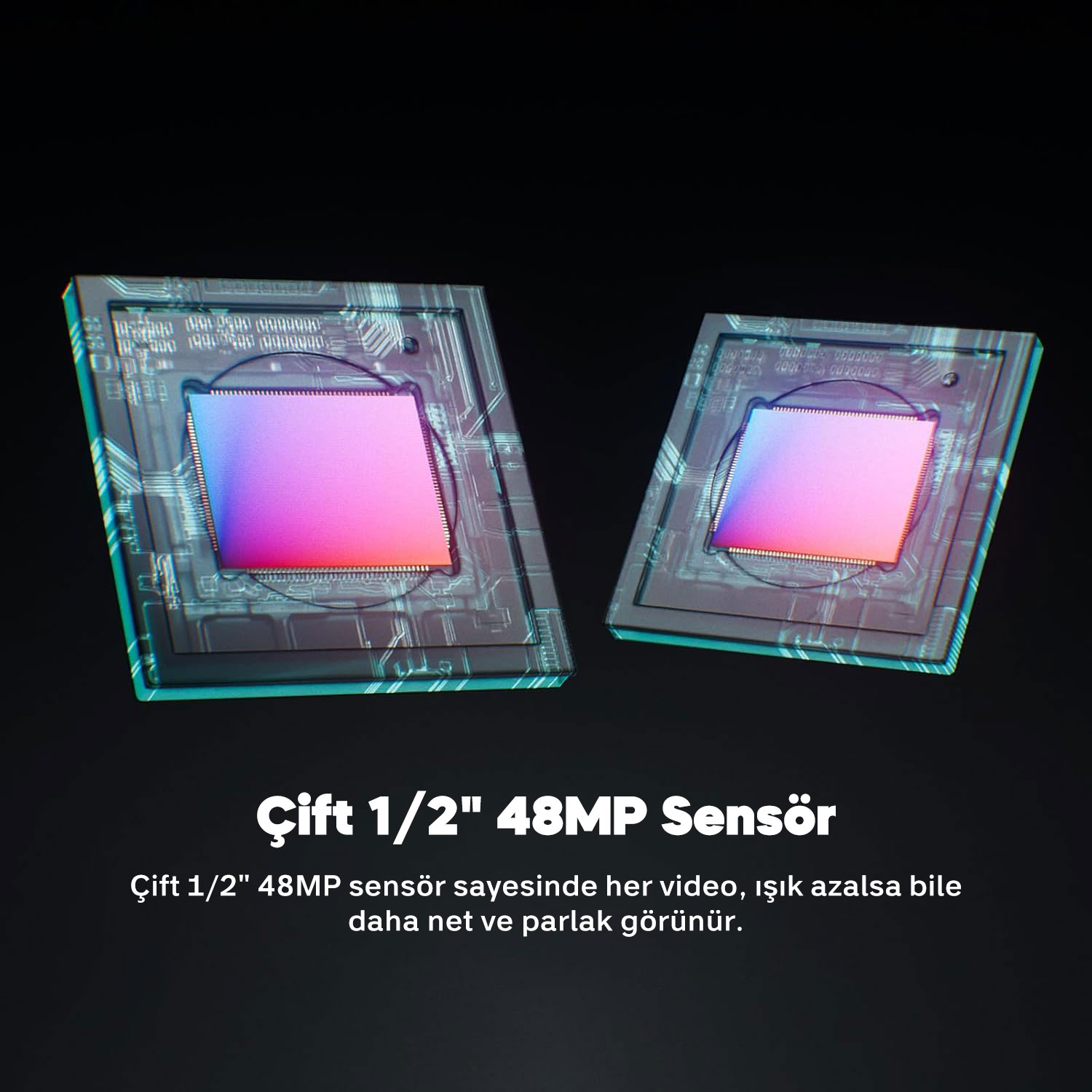 Mor ve pembe çekirdekli iki adet 1/2" 48MP sensör siyah arka planda.