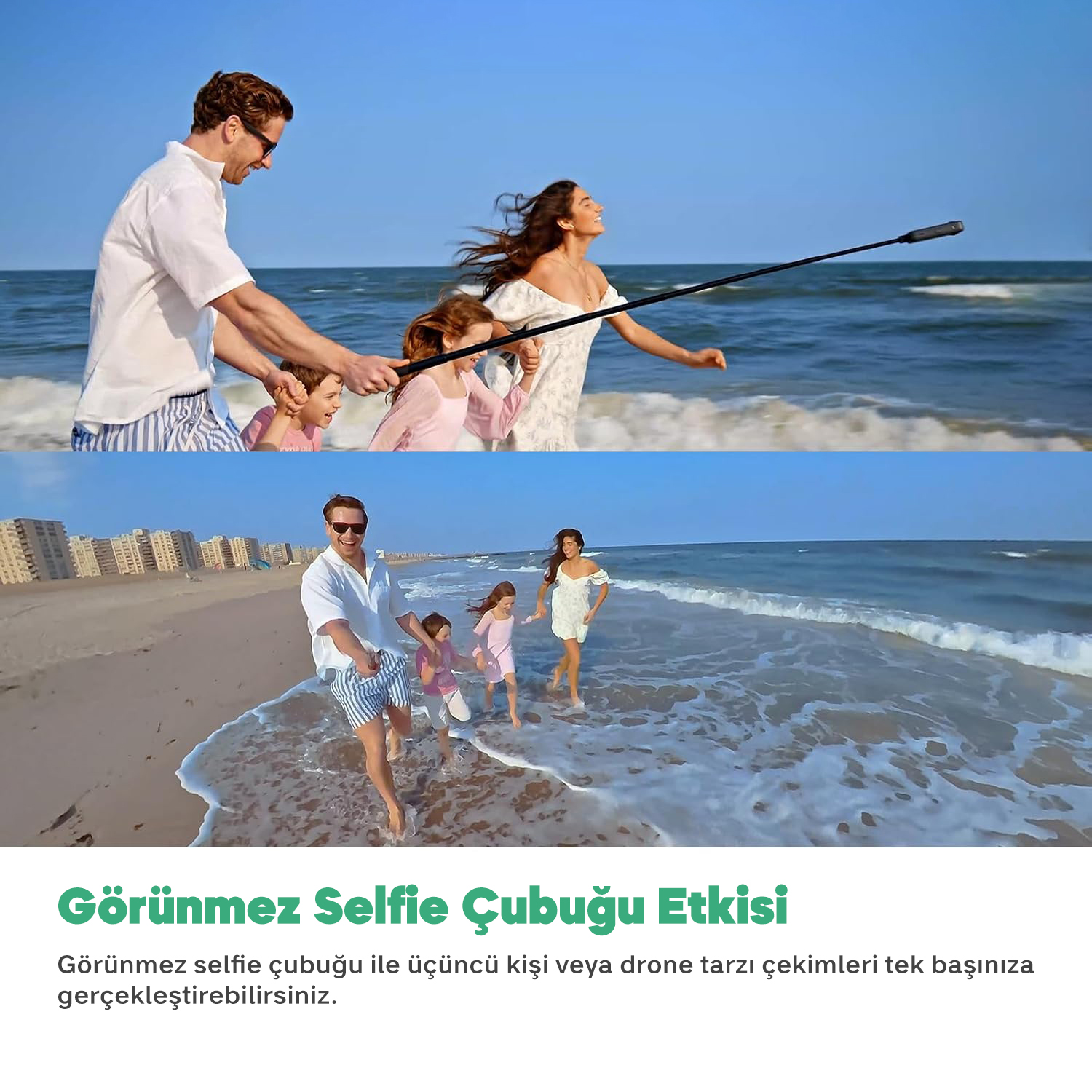 Aile sahilde selfie çubuğuyla, çocuklar denize koşuyor.