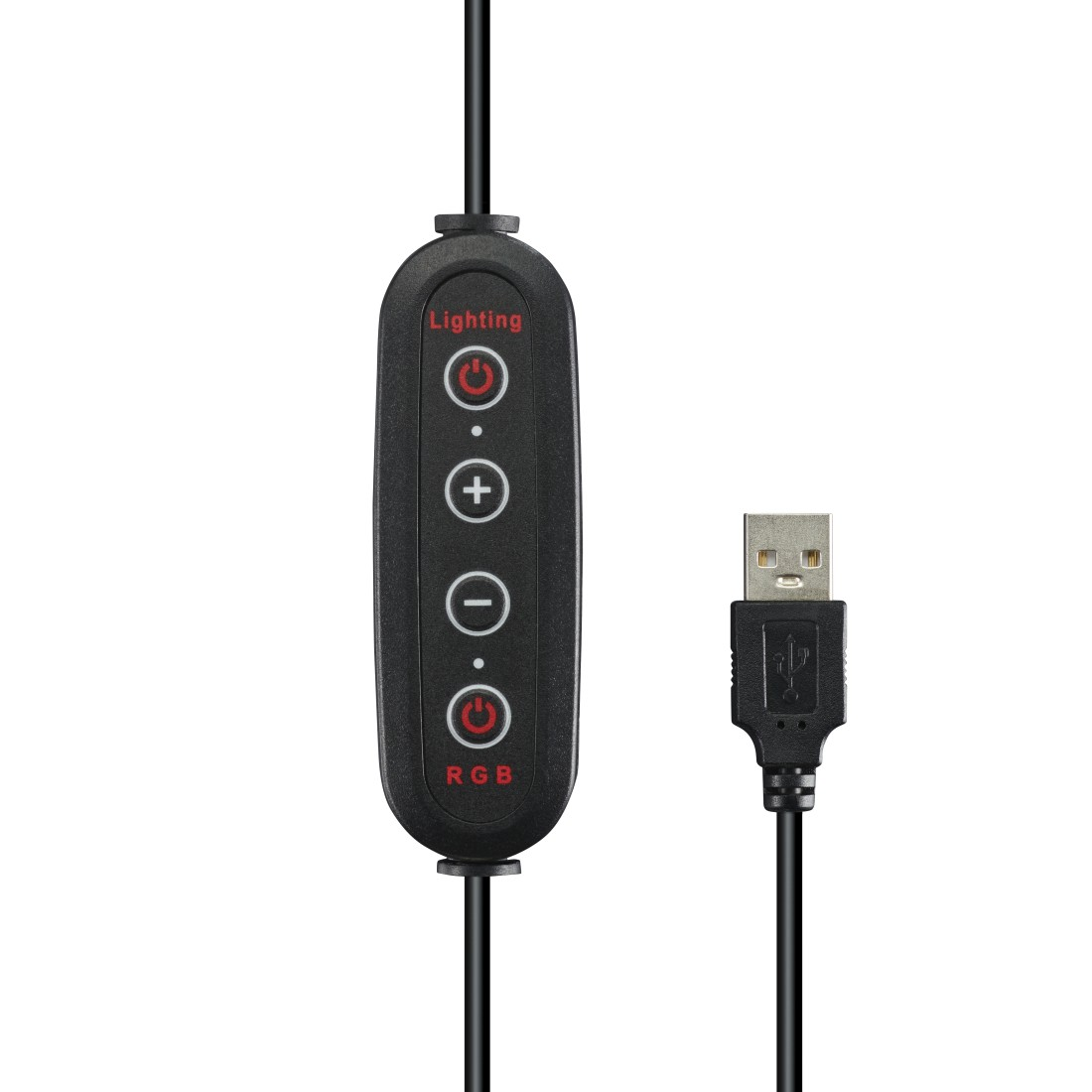 Aydınlatma ve RGB düğmeli siyah USB denetleyici ve USB fişi.