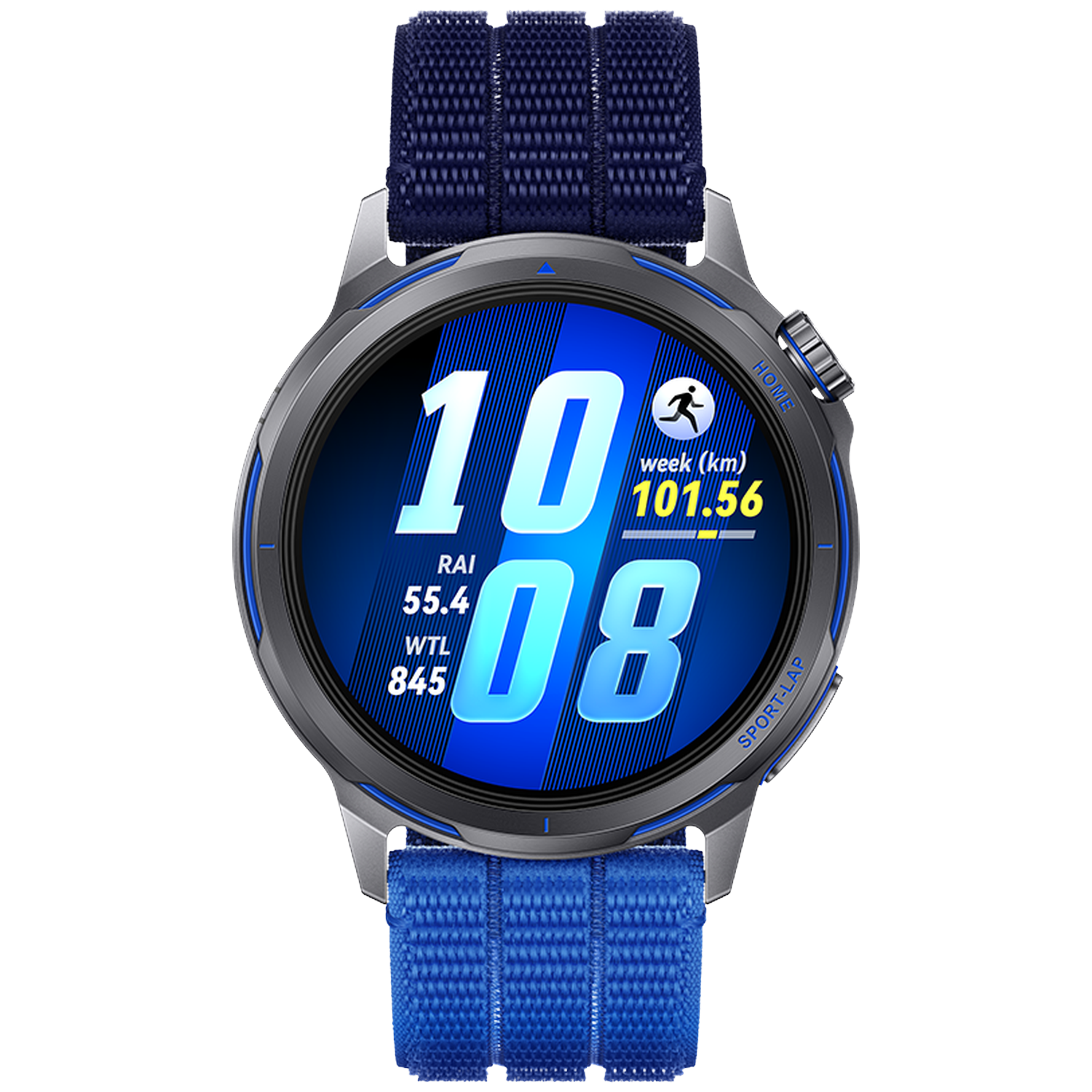 Grijze smartwatch met blauwe band. Toont 10:08 uur, 101,56 km en andere statistieken.
