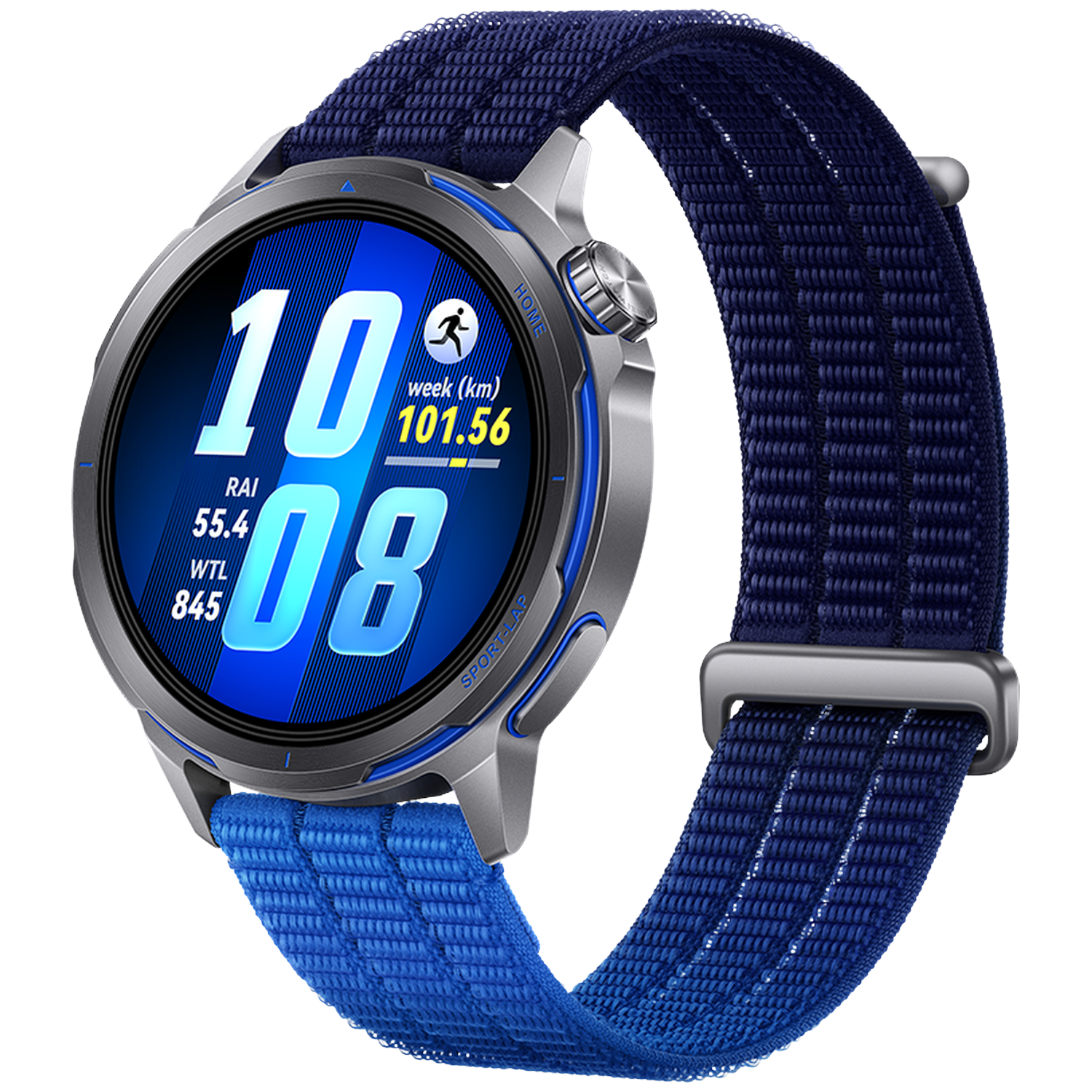 Grijze smartwatch met blauwe band toont 10:08, 101,56 km.