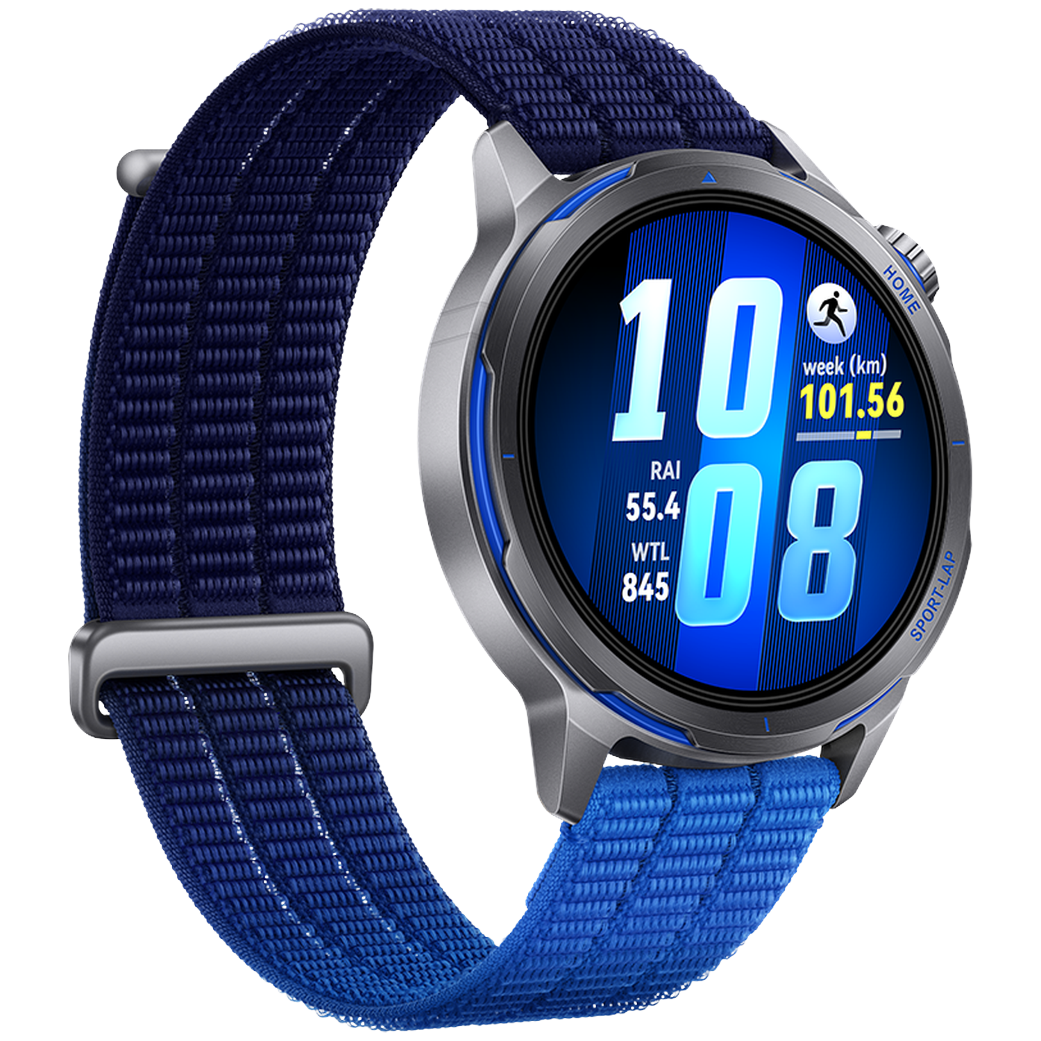 Een blauw stoffen smartwatch met een digitaal display dat tijd en fitnessgegevens toont.