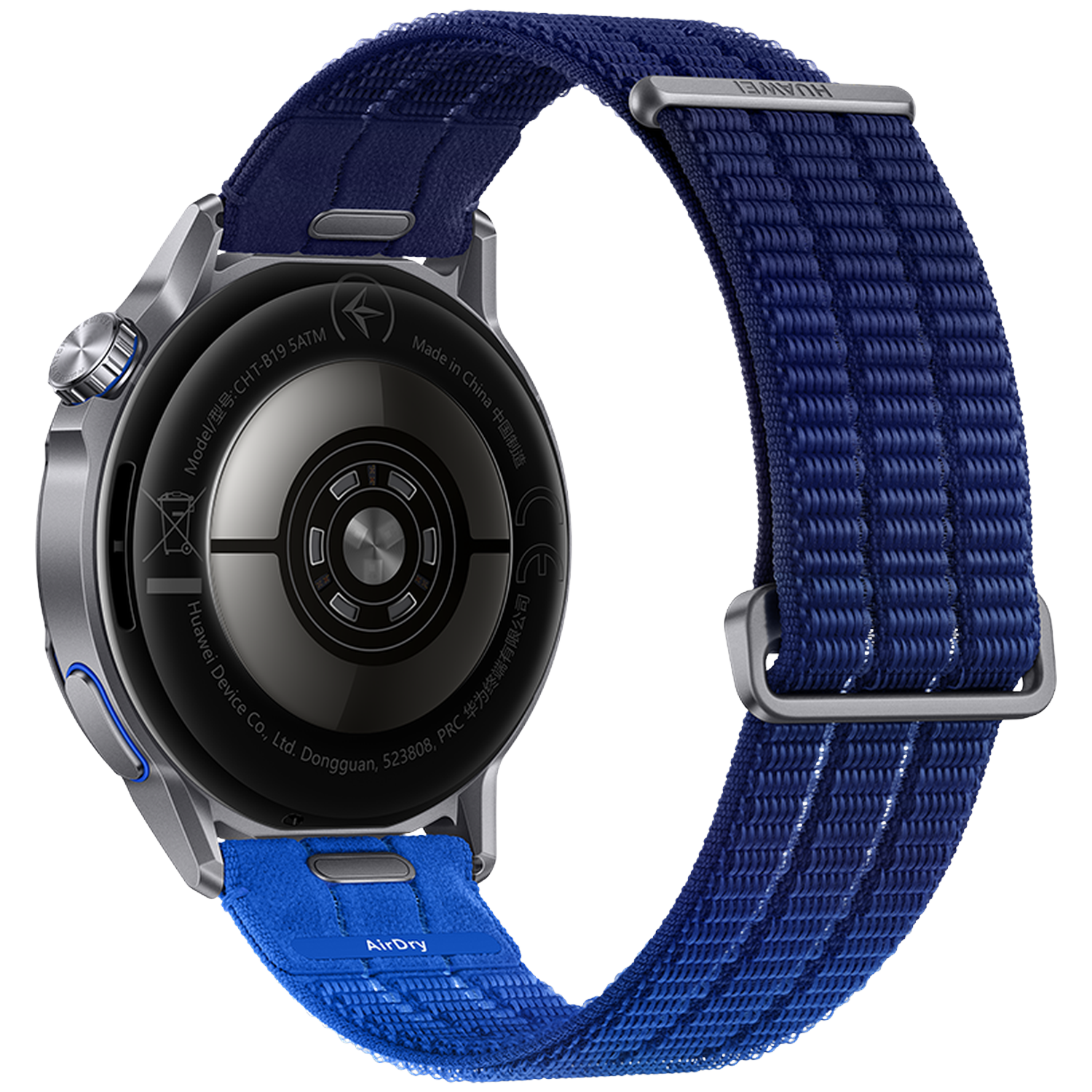 Achterkant van een smartwatch met blauwe stoffen band en zilveren accenten.