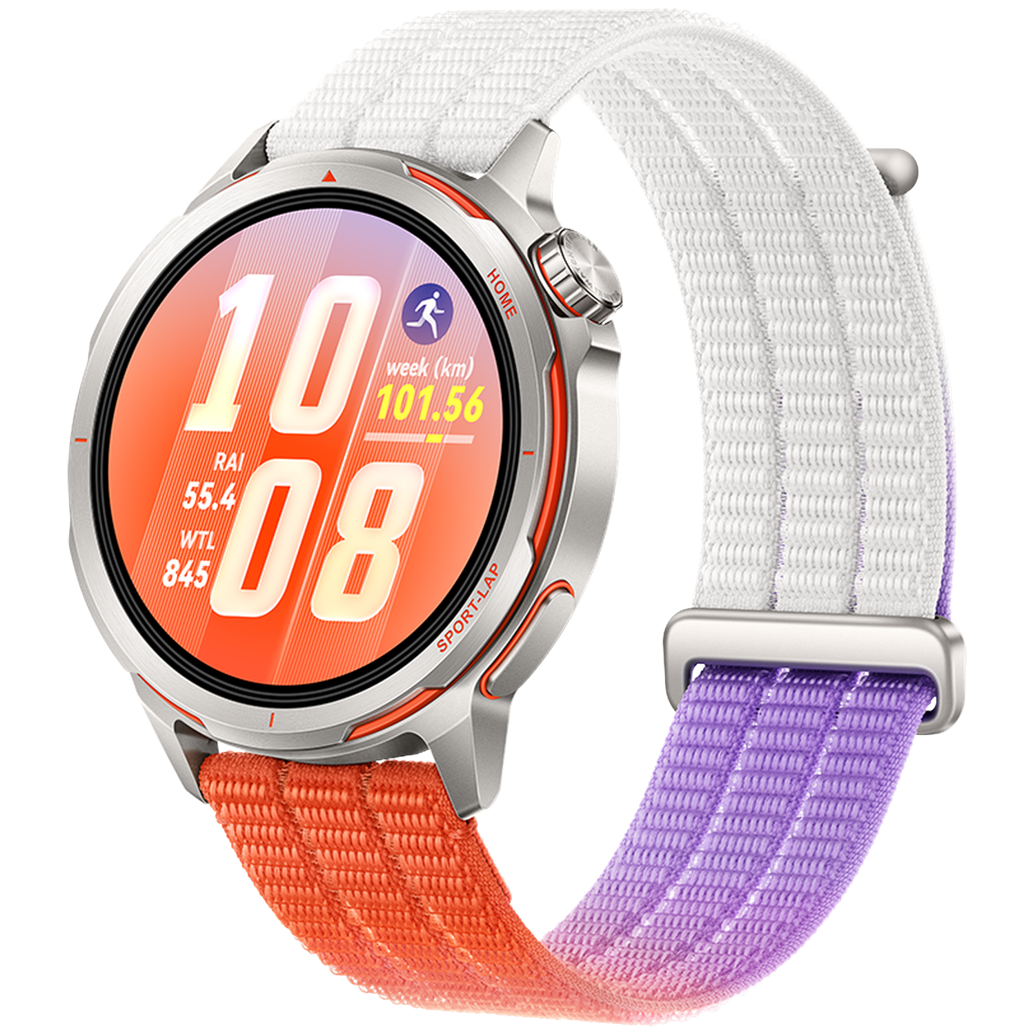 Silver smartwatch with orange-white and purple bands. Shows 10:08 AM.