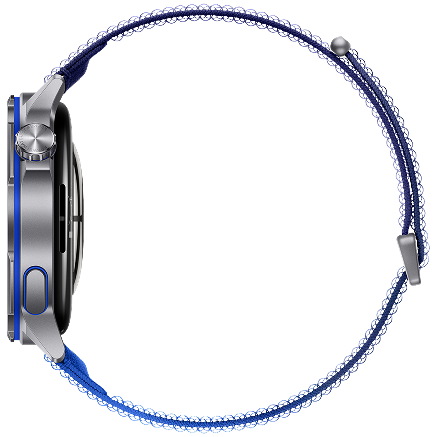 Zilverkleurig smartwatch met blauwe gevlochten band op zwarte achtergrond.