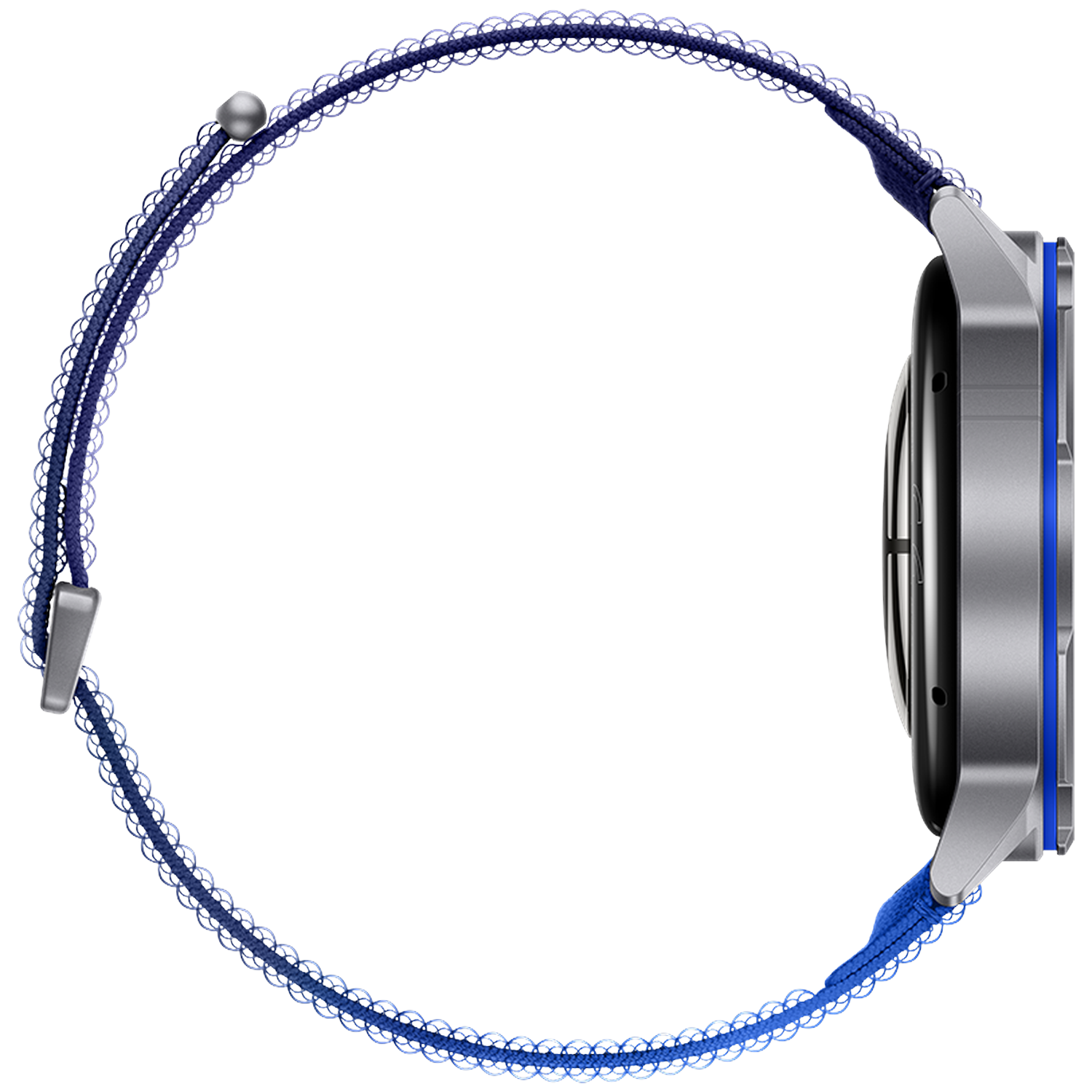 Zilveren smartwatch behuizing met blauwe stoffen band en zilveren sluiting.