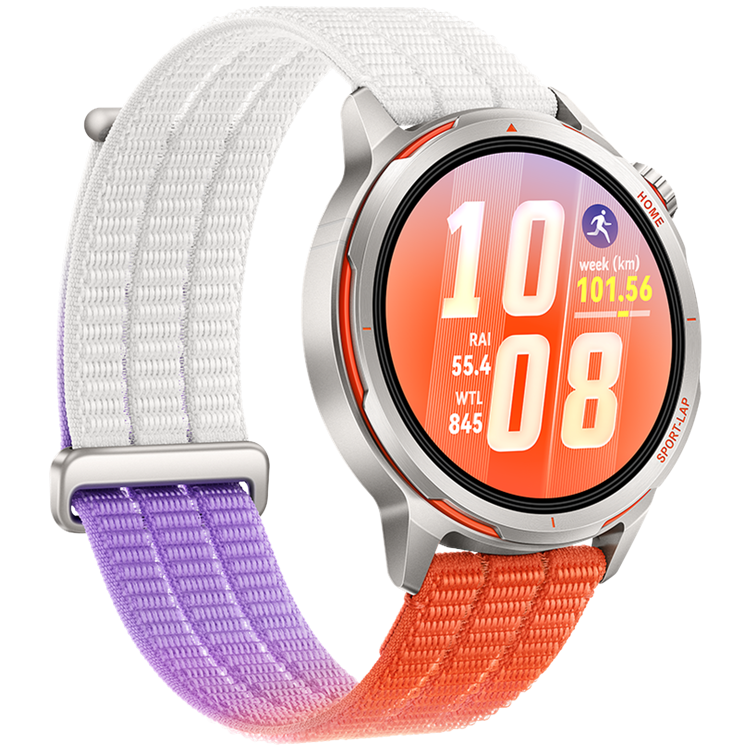 A smartwatch with a silver case and a strap that transitions from white to purple to orange.