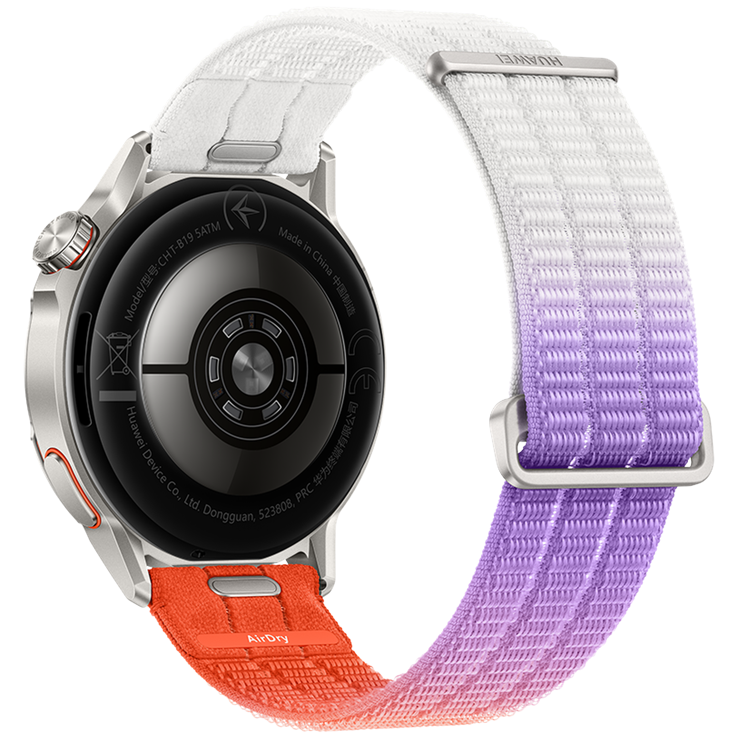 A smartwatch with a silver case and a fabric strap that gradients from orange to purple.
