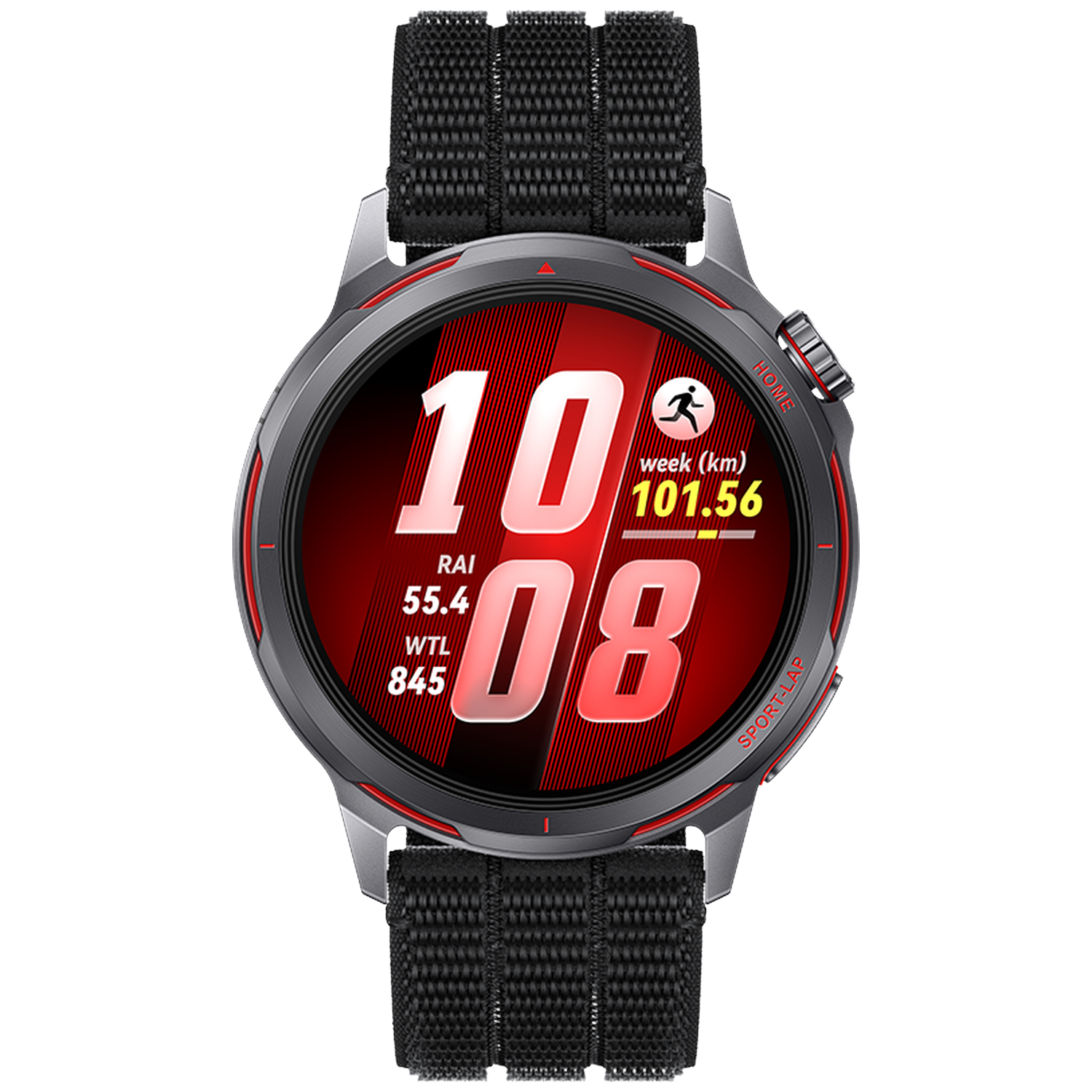 Grijze smartwatch met zwart stoffen bandje en rood display dat 10:08 toont.
