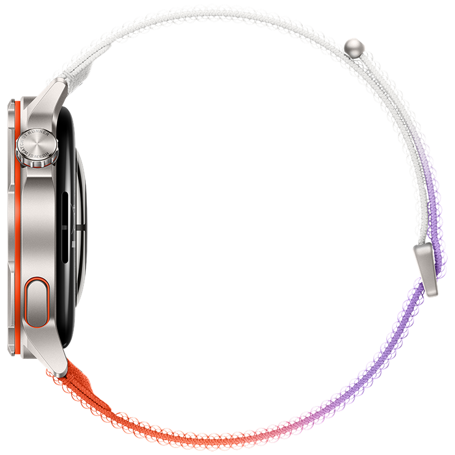 Silver smartwatch with orange and white-purple band on a black background.