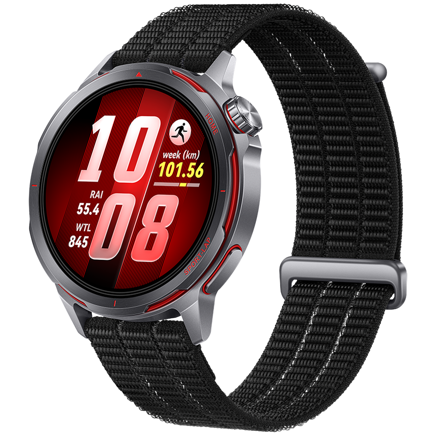 Grijze smartwatch met zwart stoffen bandje en rood display met loopstatistieken.