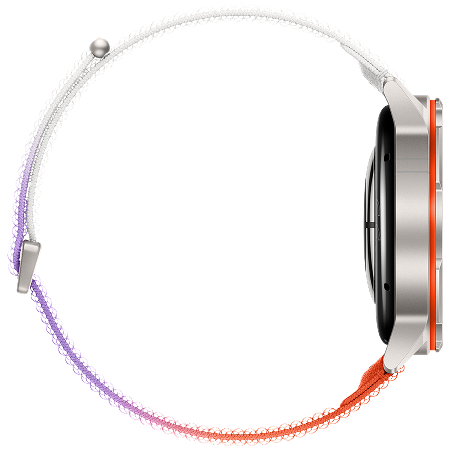 Silver smartwatch with an orange-white gradient band on a white background.